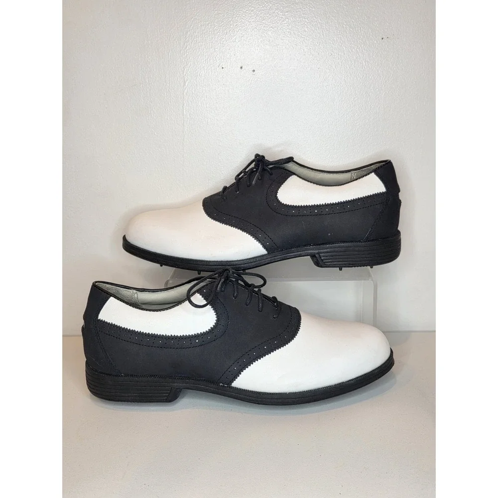 Rockport Golf Men's Saddle Shoes Black White Leather metal spikes 10M w/ Tags